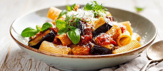 Pasta alla Norma with rigatoni, golden fried eggplant slices, rich tomato sauce, fresh basil leaves, and grated ricotta salata on top