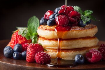 Stack of pancakes with maple syrup and berries.