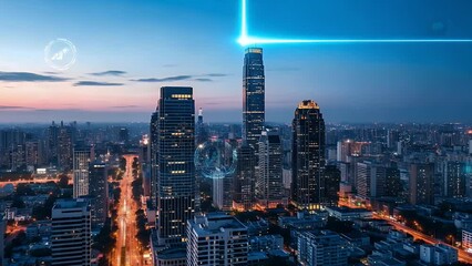 Futuristic cityscape with glowing lines and data visualizations - Powered by Adobe