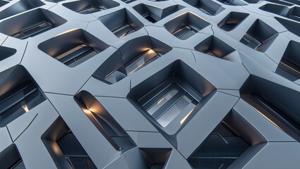 Displaying metallic facade showing tessellated recessed openings on exterior wall with warm lights