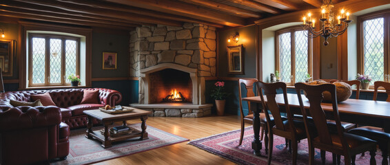 Warm Open-Plan Living and Dining Area with Exposed Wooden Beams and Stone Fireplace