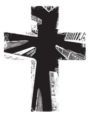 Vector banner with cross background of the citycape with elements architecture. Poster about urbanism, street art, digital technologies and religion. T-shirt design. No AI