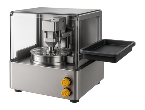 Compact rotary blister packaging machine with a clear acrylic cover and manual loading for educational training centers.