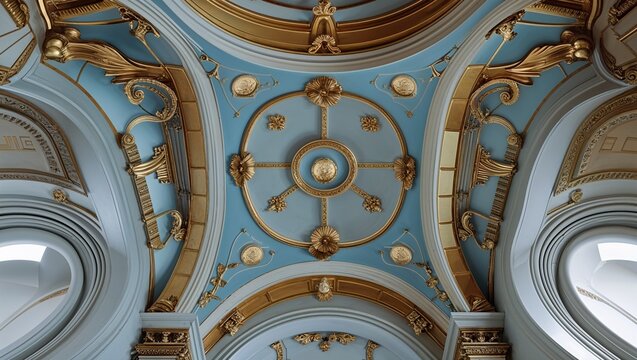 Showcasing vaulted ceiling in palace hall with blue medallion framed by gold moldings and rosettes - Powered by Adobe