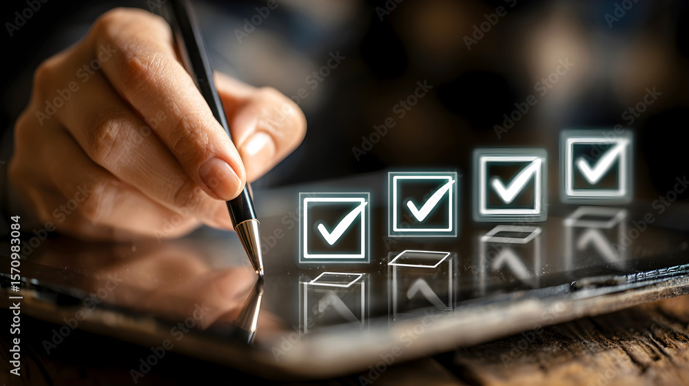 Aufkleber hand holding a pen, checking off items on a digital tablet screen, with glowing checkboxes, illustra