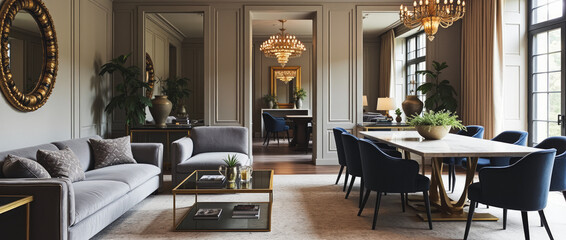 Glamorous Open-Plan Living and Dining Area with Art Deco Influences and Gray Velvet Sofa