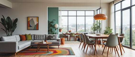 Stylish Retro-Inspired Open-Plan Living and Dining Area with Mid-Century Modern Aesthetic
