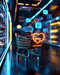 A futuristic shopping cart filled with digital marketing icons and tools, with a clean and minimalist background. The lighting is bright and clear, with subtle shadows enhancing the depth.	
	
