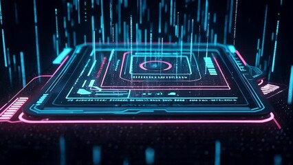 Futuristic digital interface with glowing neon lines and data streams - Powered by Adobe