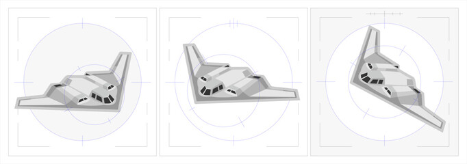 3D Angled Vector of B2 Stealth Bomber – Isometric Military Aircraft, Illustration of B2 Stealth Bomber in Target Lock Scope. Futuristic Military Aircraft Top View with Combat Radar HUD Overlay