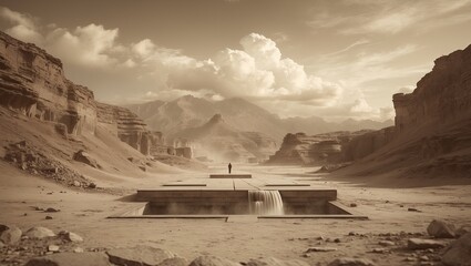 Standing man wearing dark coat overlooking canyon valley, with concrete platforms and waterfalls