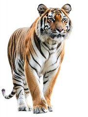 Fototapeta premium Striped tiger walking towards viewer, isolated
