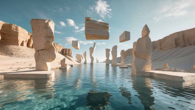 Floating sandstone blocks and pillars hovering over desert canyon water, with reflective pool - Powered by Adobe