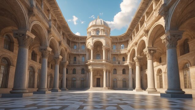 Showing courtyard reflecting sunlight on marble floor in palace, with domed pavilion and columns - Powered by Adobe