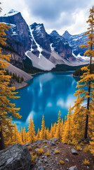 Moraine Lake Canada Autumn Bright Yellow Alpine Trees and Deep Blue Water