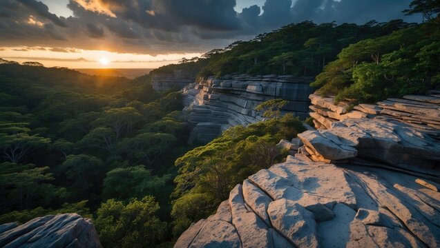 Showing layered plateau rock catching sunset light over forest canopy, cumulus clouds, copy space - Powered by Adobe
