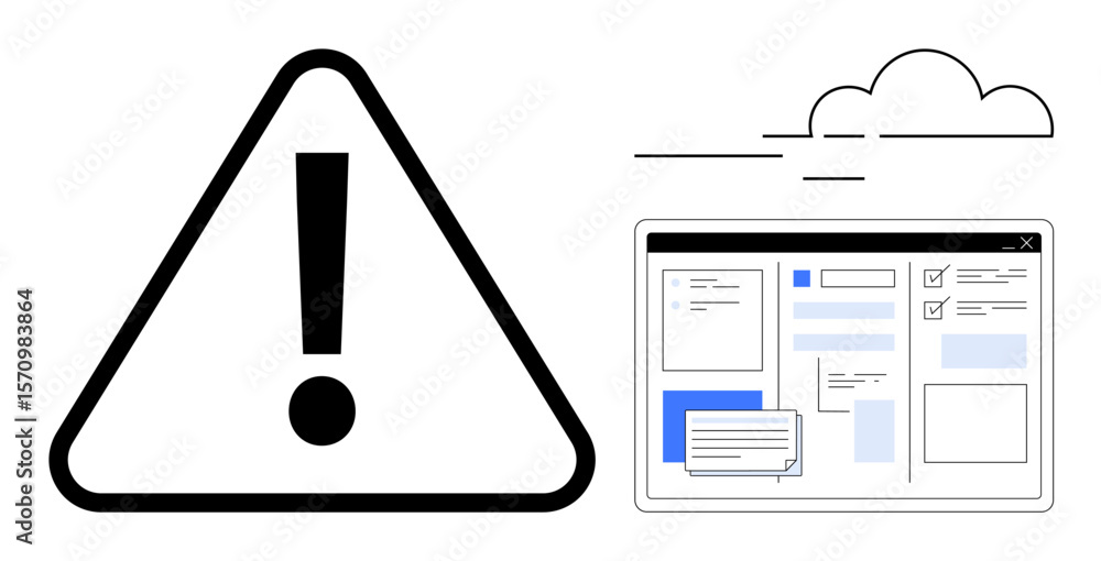 Poster large warning sign and web interface of notification system, documents, and tasks. ideal for alert s
