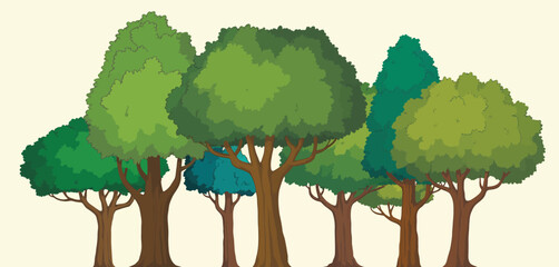 A diverse group of stylized green trees with brown trunks and branches