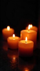 Serene Flickering Candlelight Close-up of Peaceful Candles Illuminating a Dark Background, Perfect for Relaxation, Spa, Meditation, and Spiritual Themes.