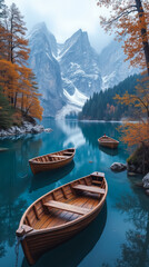 Lago di Braies in Autumn Italy — Wooden Boats Floating on Still Blue Waters Surrounded by Orange-Leaved Trees