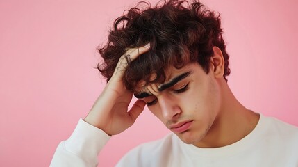 Fototapeta premium Pensive young man with curly hair expressing frustration against a pink background.