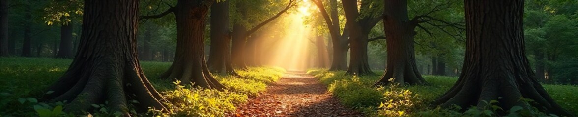 Mystical Sunlit Forest Path Sunlight filters through a dense canopy of peeling bark trees, creating an enchanting and adventurous atmosphere on a winding path.