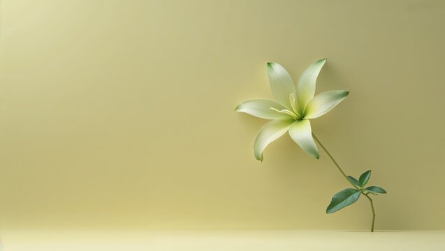 Displaying green-white lily leaning right in studio, with curved stem and green leaves, copy space - Powered by Adobe