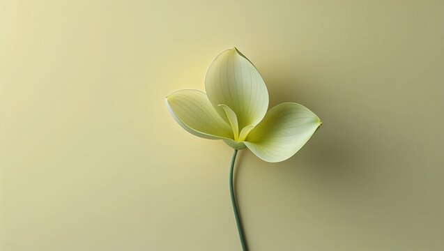 Showing lone greenish-white flower with slender stem in studio, casting shadow on yellow backdrop - Powered by Adobe