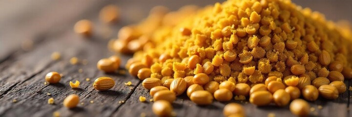 Close-up of Tiny Brown Mustard Seeds Scattered on Rustic Wood Highlighting Texture and Detail, Ideal for Culinary and Agricultural Projects
