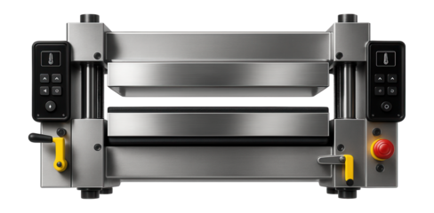 Horizontal hot press with dual heating zones for uniform curing of rubber sheets in a tire production facility