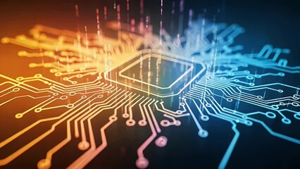 Glowing circuit board with a central processor and binary code - Powered by Adobe