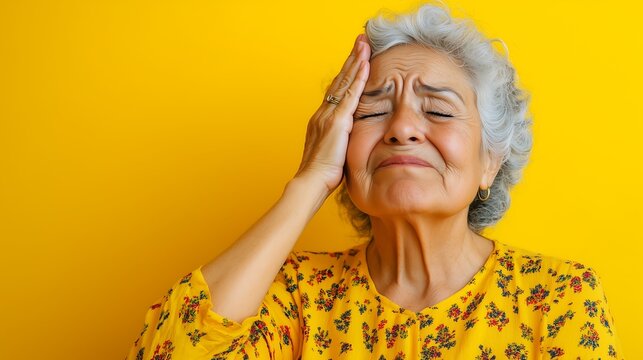 An elderly Hispanic woman expressing discomfort against a vibrant yellow background.