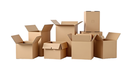 collection of open cardboard boxes for postal and EMS deliveries , concepts shopping online, isolated on white background
