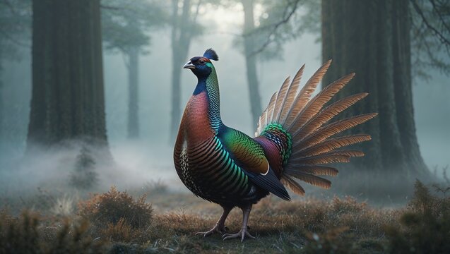 Standing colorful male pheasant showing iridescent plumage on mossy forest floor, foggy woodland - Powered by Adobe