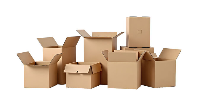 collection of open cardboard boxes for postal and EMS deliveries , concepts shopping online, isolated on white background
