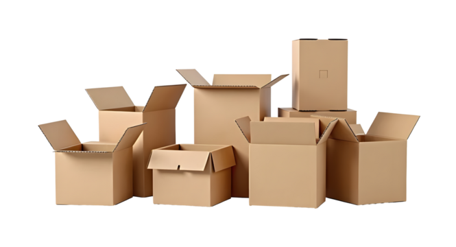 collection of open cardboard boxes for postal and EMS deliveries , concepts shopping online, isolated on white background
