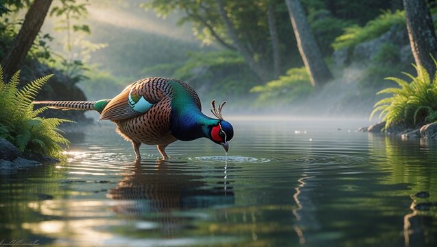 Standing male pheasant drinking in shallow forest stream at dawn, with mist patches, mossy rocks - Powered by Adobe