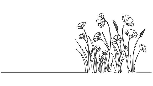 animated continuous single line drawing of wildflowers, line art animation