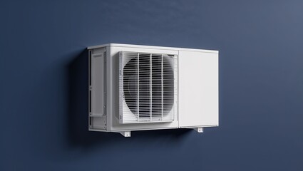 Obraz premium HVAC condenser unit casting shadow on blue wall with metal grille, fan blades, mounting brackets