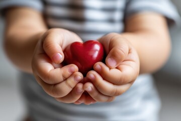 Tender woman holding red heart-shaped object with infant indoors
