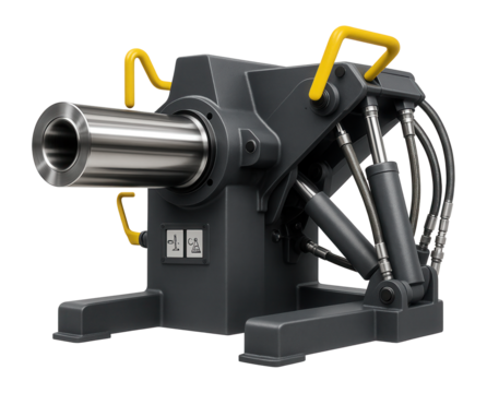 Heavy-duty coil rewinder with hydraulic lift for steel sheet processing plants.