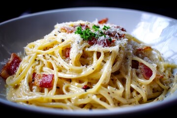 Spaghetti carbonara with parmesan cheese.