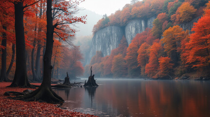 Lacul Roșu in Autumn Romania — Red Lake Surrounded by Dense Copper-Colored Woods and Tall Limestone Cliffs