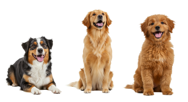 Three Dogs Posing Together on White Background Smiling