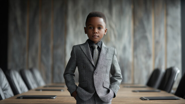 Young child dressed in formal business attire standing proudly at the head of a conference table in a sleek office