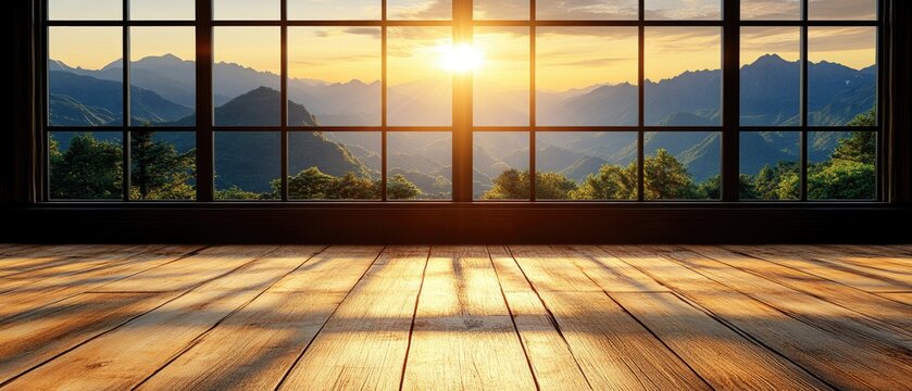 Fototapeta Warm sunlight floods a wood floor room, with a mountain view through a window