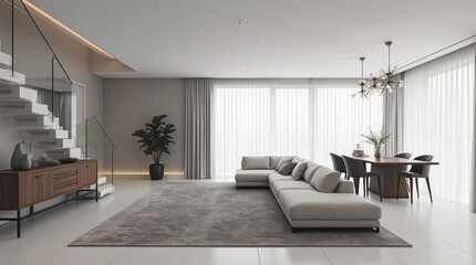 Spacious Contemporary Open-Plan Living and Dining Area with Minimalist Gray Sectional Sofa