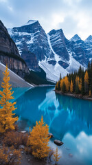 Banff National Park in Autumn Canada — Golden Larches Reflected in Brilliant Blue Lakes Under Snow-Dusted Peaks