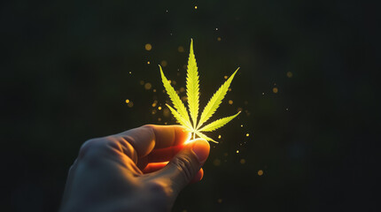POV Shot of Hands Holding Glowing Cannabis Leaf Delicately