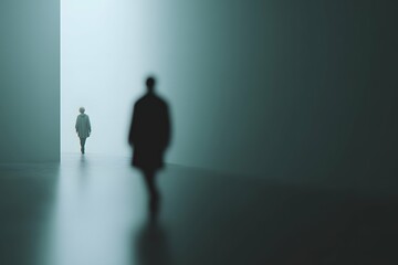 Obraz premium A solitary figure walks away, emphasizing emotional distance in a minimal muted-toned studio.